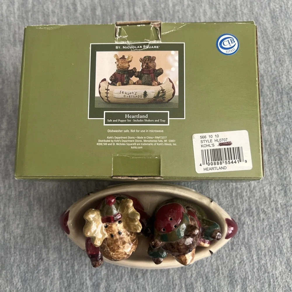 St. Nicholas Square Heartland Salt‎ & Pepper Set Bear Reindeer Rustic Ceramic